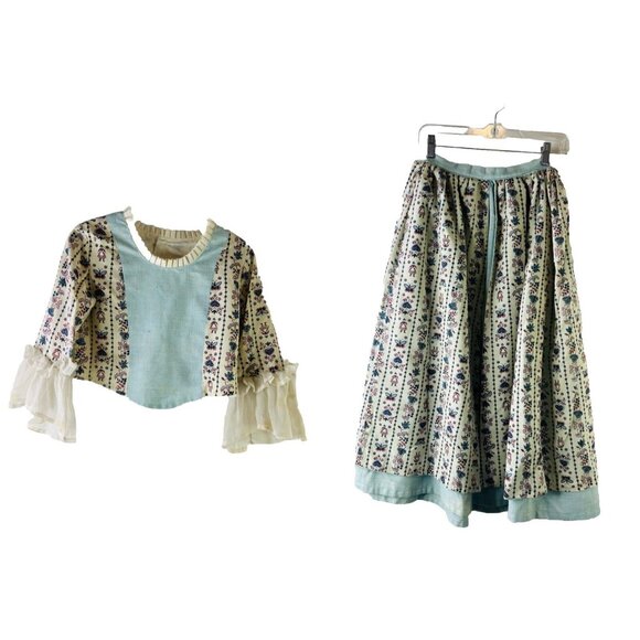 VTG 70s Handmade Floral Frilly Ruffled Blouse Peasant Broomstick Skirt Set